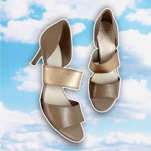 COLE HAAN Grand.OS Belline Metallic Leather Open Toe Pumps Stiletto Heels Taupe